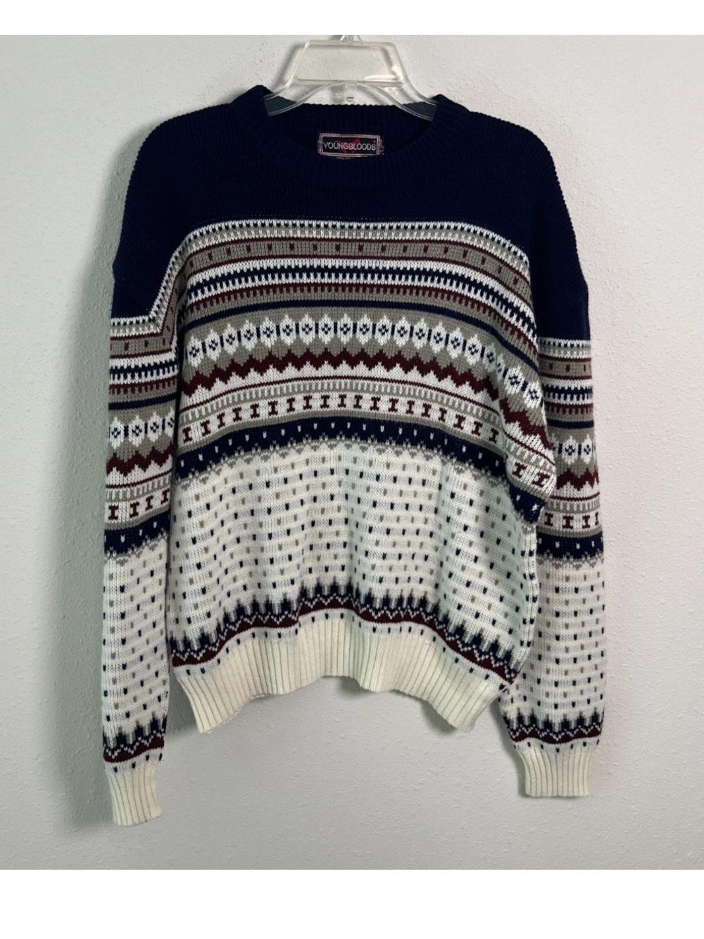 Vintage Youngblood Sweater Men's XL Navy Blue & White Stripped Knit Crewneck
